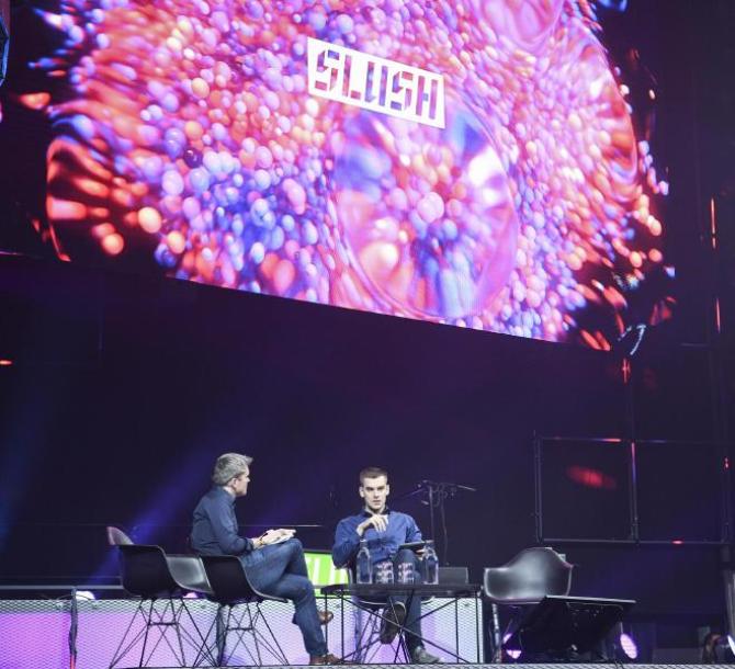 epa08013671 John Collison (L) Co-founder and President of Stripe and Markus Villig, Founder and CEO of Bolt attend at the The World'sLeading Startu